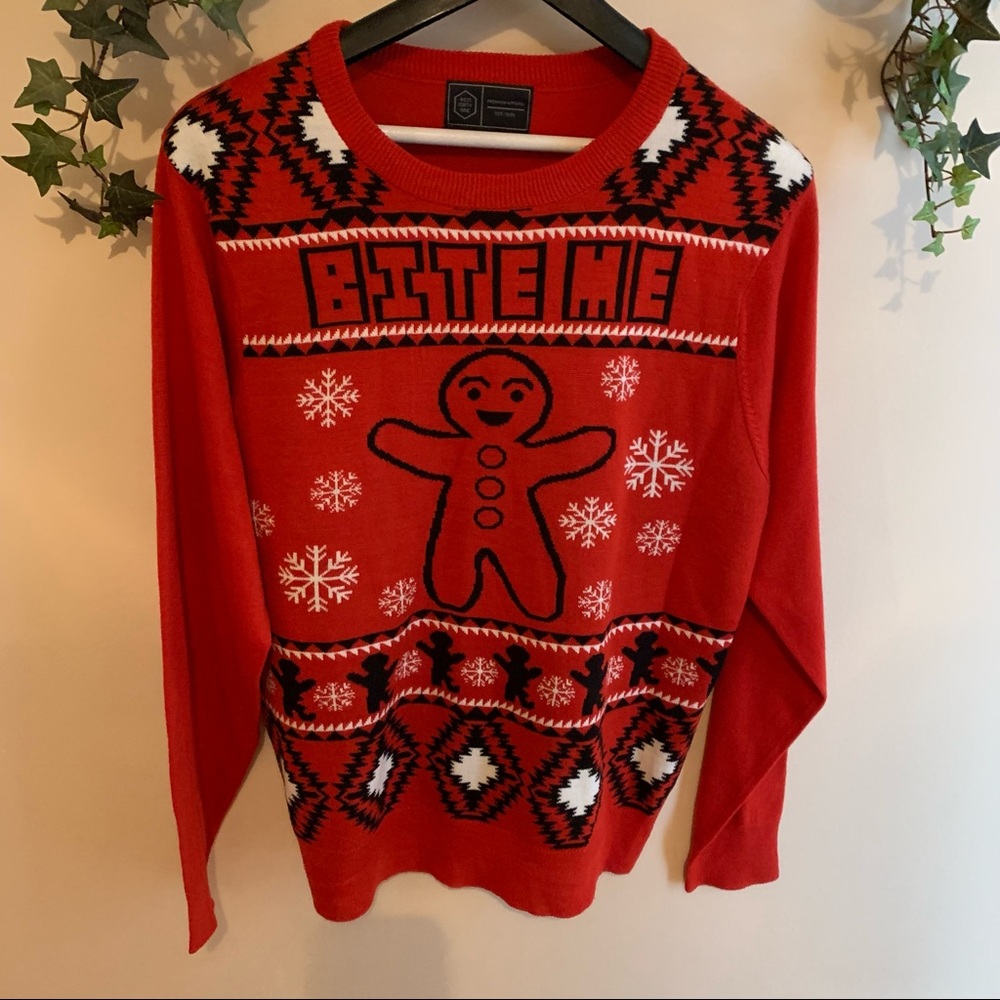 Men’s Ugly “Bite Me” Gingerbread Christmas Sweater